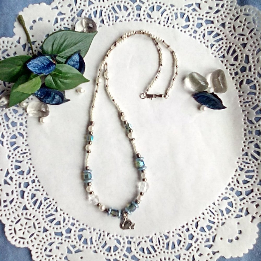 Women's Swan Pendant Pearl and Borealis Necklace w/Matching Earrings